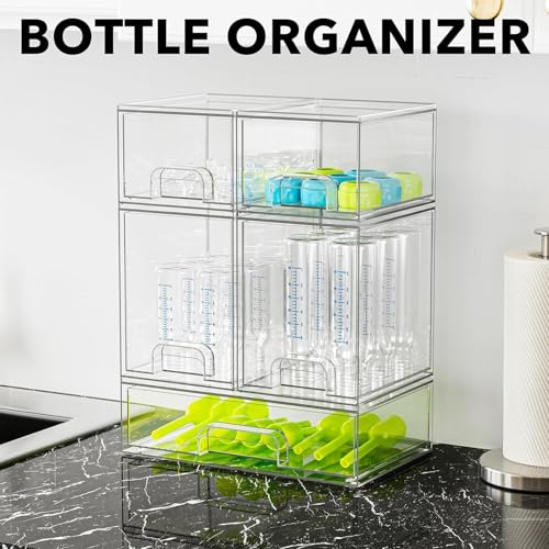 Bestbless Bottle Storage Organizer Baby - Acrylic Bottles Station Organizer Container, Stackable Clear Drawers for Countertop, Vanity, Bathroom, Cabinet, Pantry Organization, 5 Pack, 2S2M1L, 15.4" H