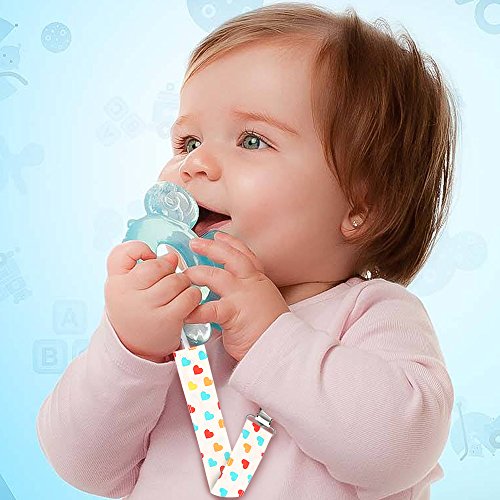 Pacifier Chian, EocuSun 4 Pack Girls Baby Pacifier Clips Leashes Dummy Clip Teething Ring Holder for Soothie Pacifier, Baby Drool Bibs
