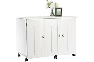 BOWERY HILL Engineered Wood Drop-Leaf Sewing or Craft Table with Melamine Top Surface, Storage Behind Roll-Open Door, Easy-roll Casters in Soft White