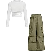 Azmxynol Girls Clothes 2 Piece Outfit Ribbed T-Shirt Top + Cargo Pants, Girls Fall Clothing Set, Sizes 5-16 Years