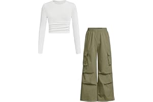 Azmxynol Girls Clothes 2 Piece Outfit Ribbed T-Shirt Top + Cargo Pants, Girls Fall Clothing Set, Sizes 5-16 Years