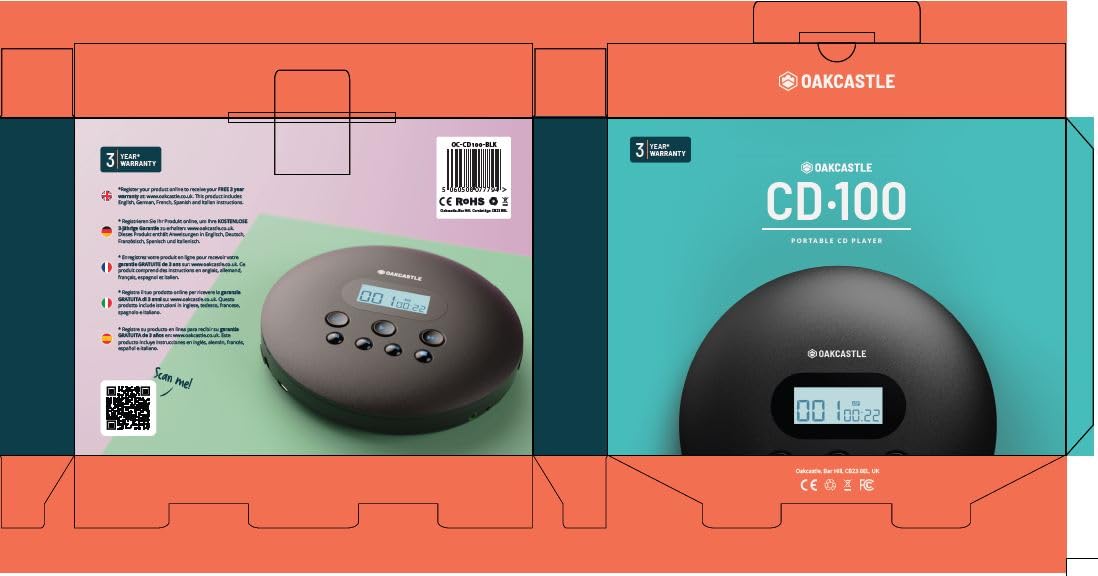 Oakcastle CD100 Rechargeable Bluetooth CD Player | 12hr Portable Playtime | in Car Compatible Personal CD Player | Headphones Included, AUX Output, Anti-Skip Protection, Custom EQ, CD100 (Black)