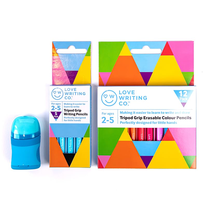 Love Writing Co. Learning To Write Pencil Pack Age 2-5 Years | Includes 5 Writing Pencils | 12 Erasable Colour Pencils, Eraser & Sharpener | Helps Control Pencil Grip | First Steps Writing Pencils