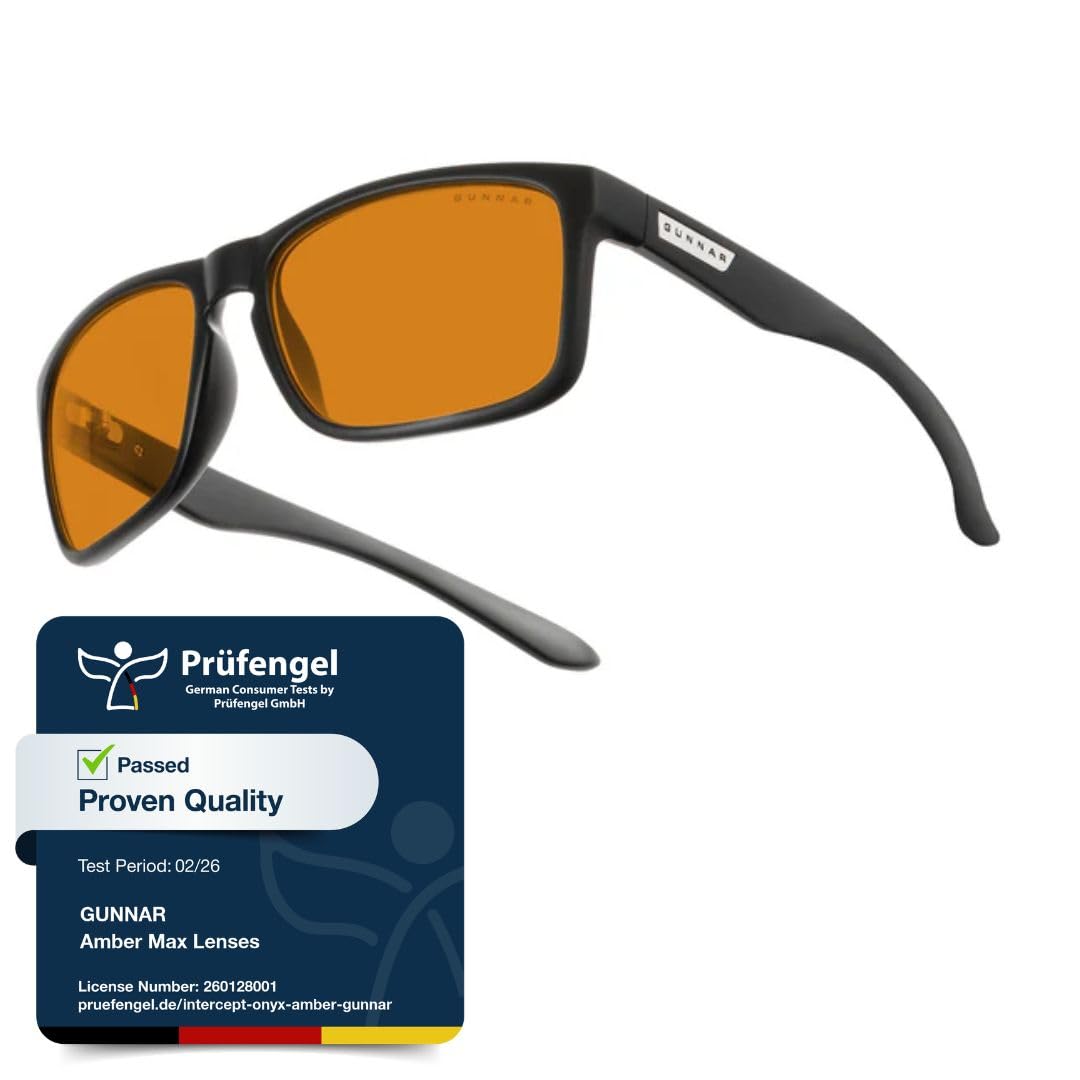 Gunnar Gaming and Computer Eyewear - Intercept, Frame Colour: Onyx, Lens Tint: Amber MAX (Blocks 98% Blue Light & 100% UV Light)- Blue Light Blocking Glasses - Patented lens