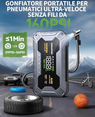 8000A & 160PSI Booster Avviamento Auto con Compressore Aria Portatile, Avviatore Batteria 27000mAH（Tutti Gas 12L Diesel）Jump Starter con 600LUMEN,Ricarica USB-C AIMAPOW