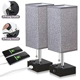 ZEEFO USB Table Lamp, Gray Square Fabric Shade Bedside Table Lamp with Two AC Outlet & Fast Dual USB Charging Ports, Modern Design Desk Lamp Ideal for Bedroom,Office,Guest Room, Kids Room (Set of 2)