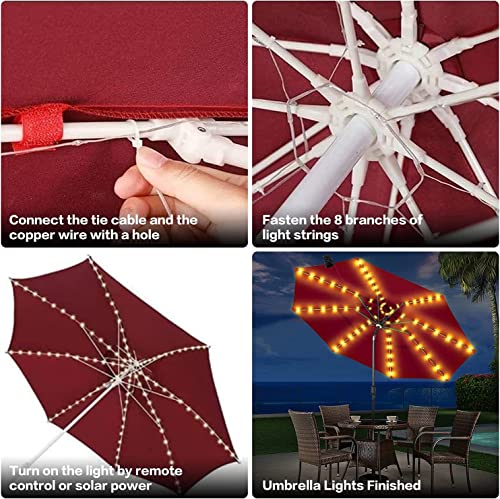 Solar Patio Umbrella Lights Parasol String Light with Clip Clamp Remote Control Solar Powered Waterproof for 7-10foot Umbrella Outdoor Lighting Beach Deck Garden Party Decoration (2 Pack)