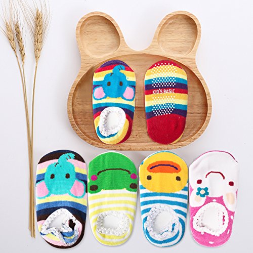 CIEHER 5 Pairs Cute Animal Stripes Non-Skid Baby Slipper Socks with Grip for 6-20 Months Baby Infants Toddler, 5 Cute Colors - Thumbnail 5