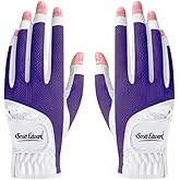 Scott Edward 1 Pair Open-Finger Women's Golf Gloves 2 Pack Left Right Hand Lady Fingerless Golf Gloves PU and Microfiber Breathable Mesh Fabric Cool and Comfortable