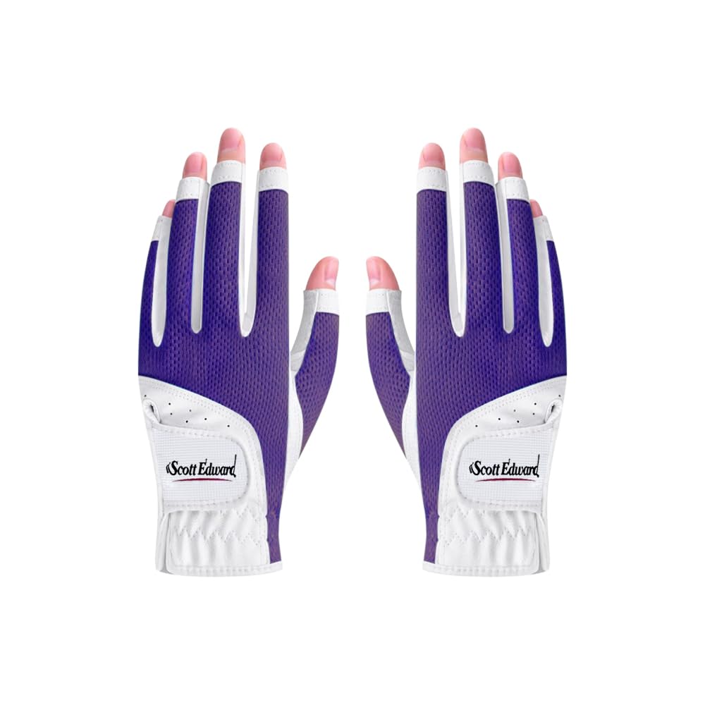 Scott Edward 1 Pair Open-finger Women's Golf Gloves 2 Pack Left Right Hand Lady Fingerless Golf Gloves PU and Microfiber Breathable Mesh Fabric Cool and Comfortable (Purple,21)