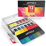 ARTEZA Watercolor Paint, Set of 12 Assorted Vibrant Colors in Half Pans (in Tin Box) with Water Brush Pen for Artists, Art Painting, Ideal for Watercolor Techniques
