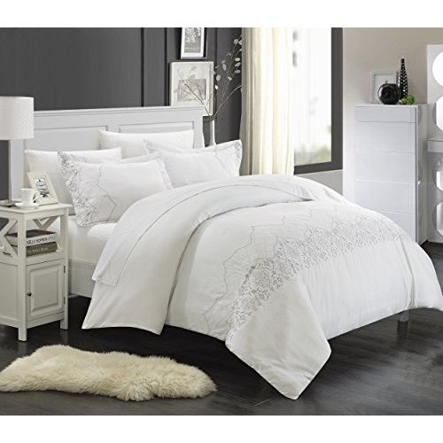 Chic Home 3 Piece Sophia Embroidered Bridal Collection Duvet Set, Queen, White