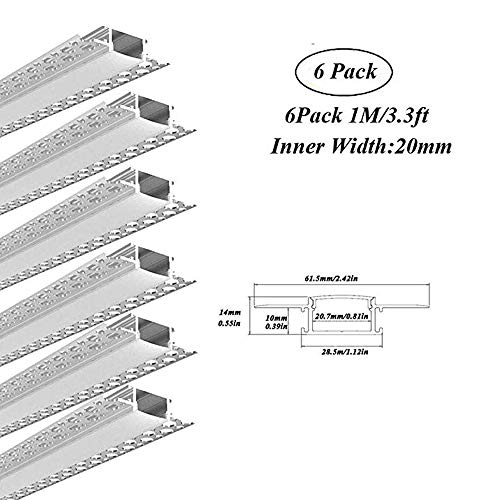 6Pack 3.3Ft (1M/PCS) Plaster LED Profile Channel, Trimless Recessed LED Aluminum Channel with Flange for 20mm LED Strip, Drywall LED Profile System with Diffuser Fixed with Screws (6PCS1M(3.3ft))