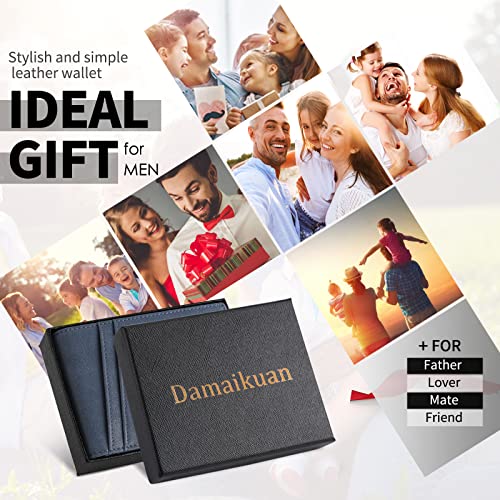 Damaikuan Slim Bifold Front Pocket Wallet For Men Minimalist RFID Blocking Leather Gift Blue 12 Cards Slots 1 ID Window Money Strap