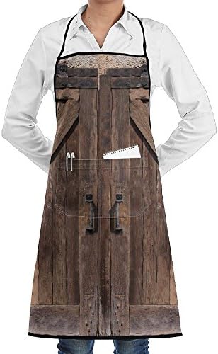 Grill Aprons Kitchen Chef Bib - SarahKen Wooden Barn Door In Stone Farmhouse Image Vintage Desgin Professional For BBQ Baking Cooking For Men Women Pockets