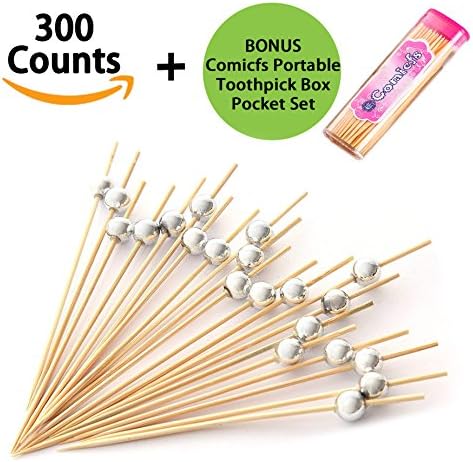 Comicfs Cocktail Picks Handmade Bamboo Toothpicks 4.7" Party Supplies 300 Counts BONUS Comicfs Portable Toothpick Box Pocket Set, Silver Pearl - 31A