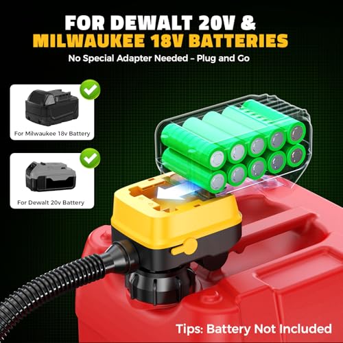 DIYtoolifz Cordless Fuel Transfer Pump with Auto-Stop, 3.2 GPM Flow Portable Fuel Pump Compatible with DeWalt 20V & Milwaukee 18V Batteries, with 41'' Hose, 3 Adapters for Diesel, Gasoline (Bare Tool)