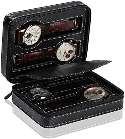 Carbon Travel Watch Storage Case with Zip and Slots for 4 Watches