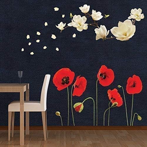 Walplus Removable Self-Adhesive Wall Stickers Small White Magnolia with Red Poppy Flowers Wall Mural Art Home Living Room Decoration Décor Restaurant Cafe Hotel Nursery Decoration