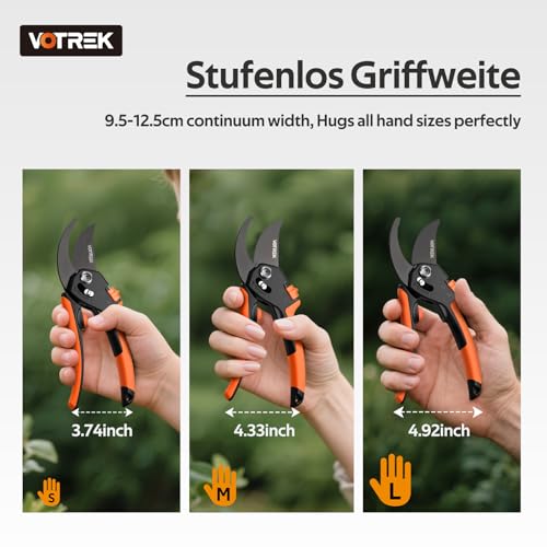 VOTREK 8.5 inch bypass secateurs with continuous handle opening, professional rose shears & pruning shears with SK5 steel and internal spring for effortless cutting - ideal for weak hand strength. Bracelet: Gift