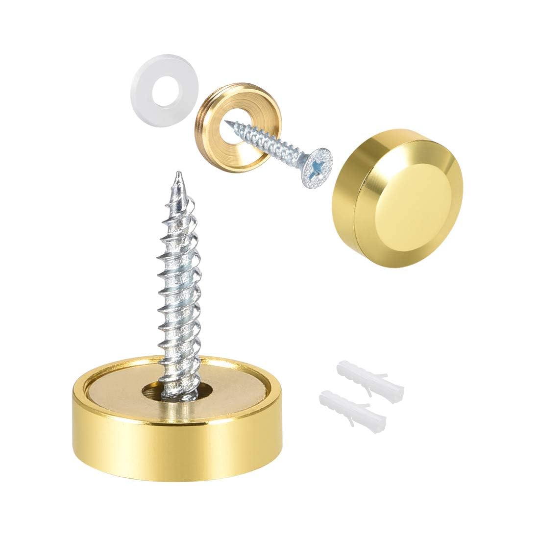 TOP-VIGOR 8Pcs Mirror Screws, 18mm brass Mirror Screws Cap Nail with Washers, Decorative Cap Covers Polished Mirror Nails for Mirrors, Furniture Fittings, Tables, Wardrobes, Glass, Gold with stopper