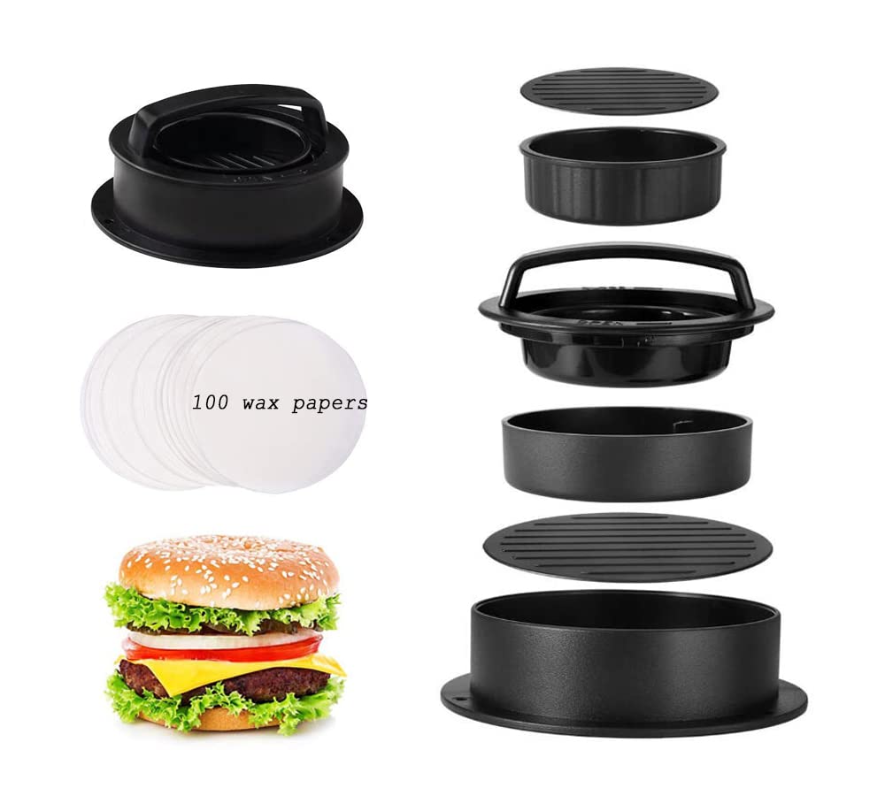 Maq Burger Press with 100 Wax Paper Sheets, 3 in 1 Nonstick Hamburger Press Patty and Burger Maker Kit for Different Sizes, Stuffed Burger Patty, Beef Burger for Delicious BBQ Grilling Burgers