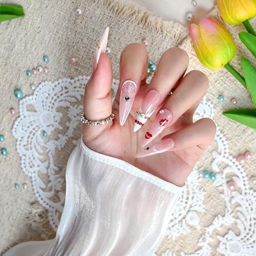 POPSOUL Lace & Lip Print Press On Nails – 3D Pearl Chains & Gem Accents with French Tips, Stiletto Fake Nails, Long Pointed Nail Art, Reusable 10 Pcs Kit (Coquette Lace, Medium)