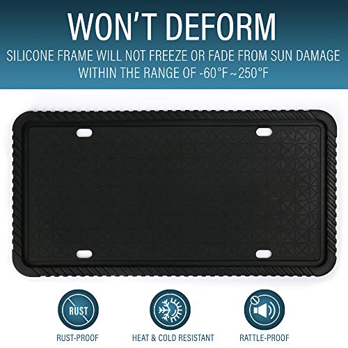 LotFancy Silicone License Plate Holder, 2PCS License Plate Frames with Mounting Accessories, Universal American Car Plate Cover, Black, Rust-Proof, Weather-Proof and Rattle-Proof