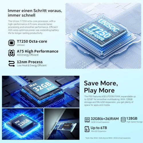 P50 Android 16 Tablet 11 Zoll 90Hz Display, 4G LTE Dual SIM, 32GB RAM+128GB ROM(6TB TF), 8000mAh Akku, T7250 Octa Core Gemini AI, 5G WLAN/Widevine L1/13MP/GPS/OTG, 2026 Tablets mit Stift+Hülle