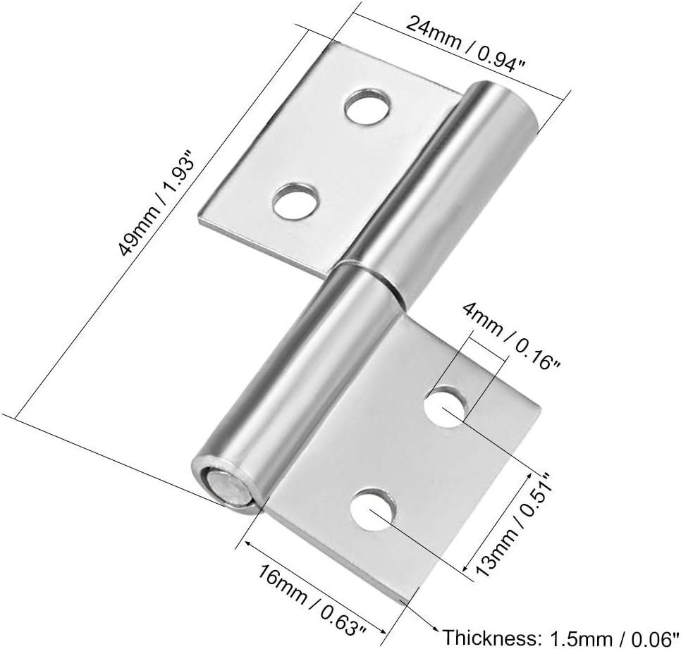sourcing map 2inch Long Steel Small Slip Joint Flag Hinge - Lift Off Left Handed Lid Door 2pcs, Silver, 2 inch,2 pcs(Left) - Image 3