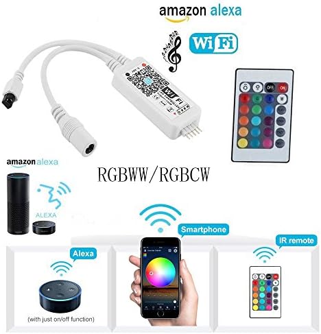 BJH WiFi RGBW(CW+WW) LED Smart Controller Working with Alexa,Google Home, IFTTT for 5050 3528 2835 LED Light Strip Comes With a 24 Keys Remote Control, Fits for Android IOS System Mobile Phone App