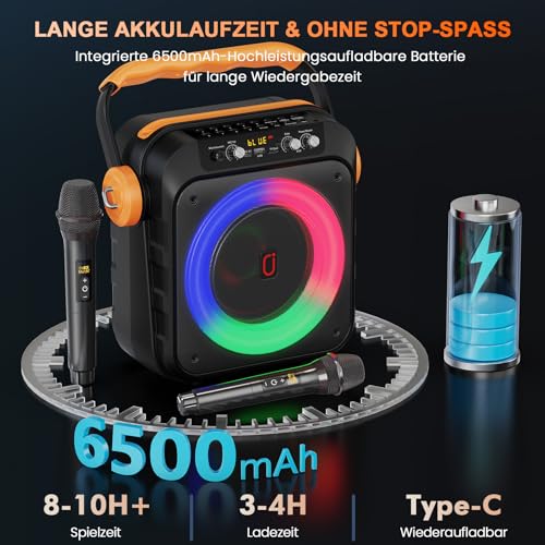 JYX Karaoke 2 Wireless Microphones, Speaker with Microphone, Professional Karaoke, Portable Karaoke, Bluetooth Speaker with LED Light Effects, Suitable for Adults/Children.