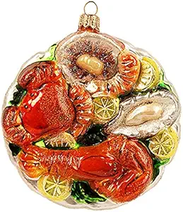 Seafood Plate Oyster Crab Lobster Shrimp Clam Lemon Chef Food Polish Glass Christmas Tree Ornament