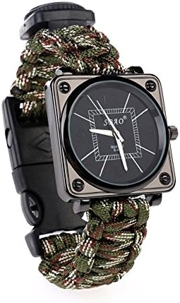 5 In 1 Carabiner Tool Outdoor Multifunction Survival Bracelet with Watch ， Compass, flint, whistle, straps, watches Kits ，Rock Climbing Camping First Aid Kit Adventures 。 (Army Green Camouflage)
