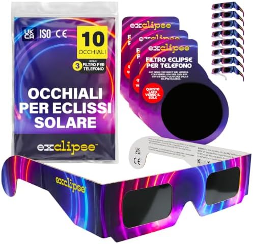 Occhiali per Eclissi Solare 10 Pack con 3 Filtri per Smartphone – Certificati ISO 12312-2 e CE & UKCA, Kit Completo per Osservare e Fotografare l’Eclissi 2026