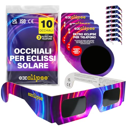 Occhiali per Eclissi Solare 10 Pack con 3 Filtri per Smartphone – Certificati ISO 12312-2 e CE & UKCA, Kit Completo per Osservare e Fotografare l’Eclissi 2026