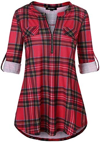 DILISHA Women's 3/4 Sleeve Zipper V Neck Shirts Casual Blouses Tunic Tops