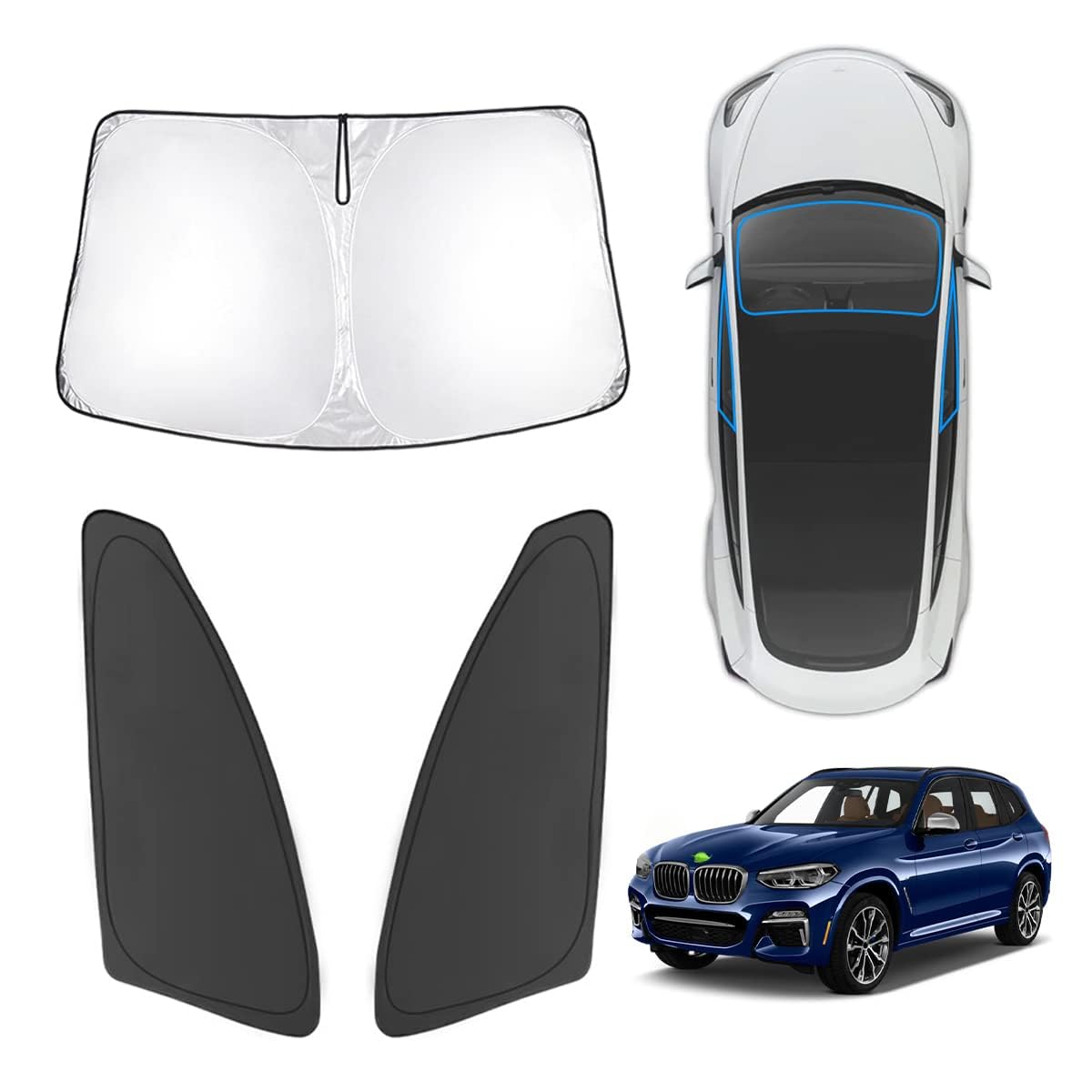 Photo 1 of Karltys 3PCS Windshield Sun Shade for 2018-2024 2025 BMW X3, Thick Reflective Front and Side Window Sunshade Custom Fit BMW X3, Foldable Sun Visor Protector Cover Blocks Heat UV Rays