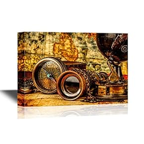 Retro Style Canvas Wall Art - Vintage Items on Ancient Map - Gallery Wrap Modern Home Art | Ready to Hang - 12x18 inches