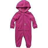Carhartt Girls Long Sleeve Fleece Zip-Front Hooded Coverall, Raspberry Rose Heather, 9M