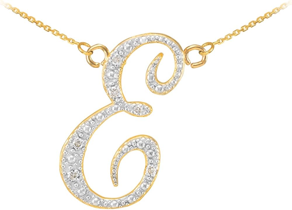 DoubleMounted 14k Yellow Gold Diamond Script Initial Letter E Pendant Necklace, 16