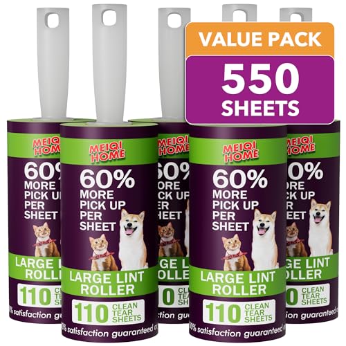 Large Lint Rollers for Pet Hair Extra Sticky, 550 Sheets Mega Value Set Lint Roller with 5 Upgraded Handles, 5 Rollers Portable Pet Lint Remover for Clothes, Furniture, Carpet, Dog & Cat Hair Removal