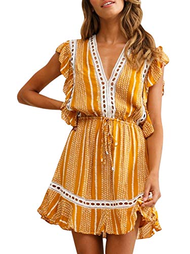 BerryGo Women's Boho Floral Ruffle Mini Dress Sleeveless V Neck A-line Dress Yellow-M