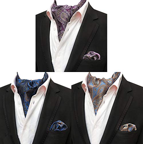 MOHSLEE Men 3PCS Formal Wedding Paisley Cravat Ascot Scarf Tie Pocket Square Set