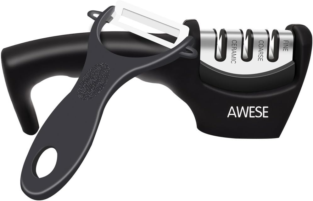 AWESE So Sharpening Stone, 3 Stage Sharpening System for Knives, Ceramic Peeler, Sharpens Dull Knives Quickly,Safe And Easy To Use
