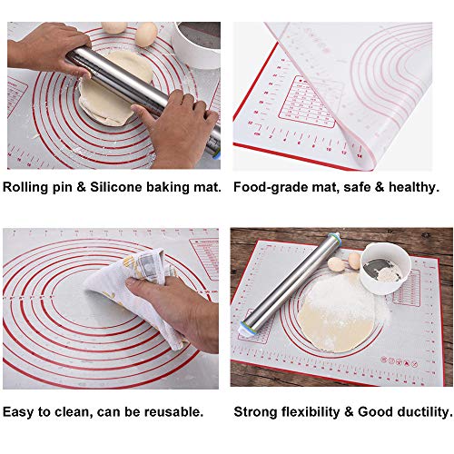 Inkec Stainless Steel Rolling Pin 17Inch & Silicone Baking Mat, Adjustable Dough Roller with 4 Removable Thickness Rings for Baking Pizza Pie Pasta Cookies - Thumbnail 4