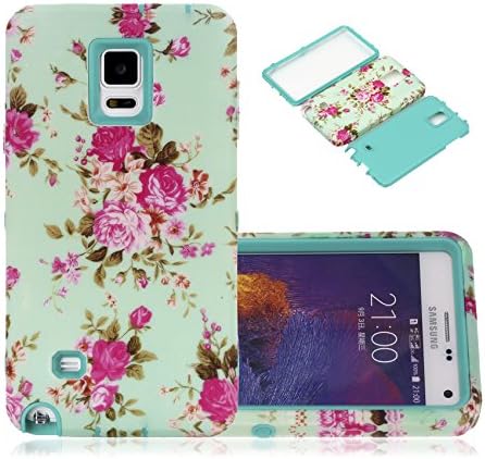Note 4 Case, Galaxy Note 4 Case, CexCob Vintage Floral Flowers [Shockproof 3 in 1 Hybrid] Silicone TPU &amp; Plastic Rugged Bumper Combo High Impact Durable Case Cover for Samsung Galaxy Note 4, Mint