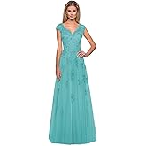 Mother of The Bride Dresses Cap Sleeve V-Neck Long Tulle Formal Evening Gowns for Women with Pockets