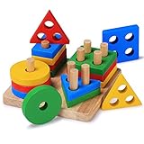 Bettroom Wooden Educational Preschool Shape Color Recognition Geometric Board Block Stack Sort Chunky Puzzle Toddler toys for 1 2 3 4-5 6 year olds and Up Kid Children boys girls Baby