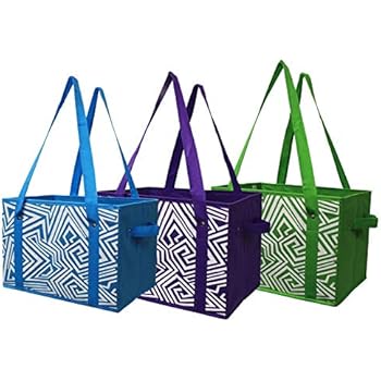 Earthwise Deluxe Collapsible Reusable Shopping Box Grocery Bag Set with Reinforced Bottom Storage Boxes Bins Cubes (Set of 3) (Green/Turq/Purple)